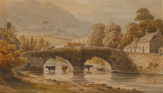 Follower of Joseph Barber (1757-1811), Beddgelert Bridge, N. Wales and another watercolour, 21 x 30cm (largest)